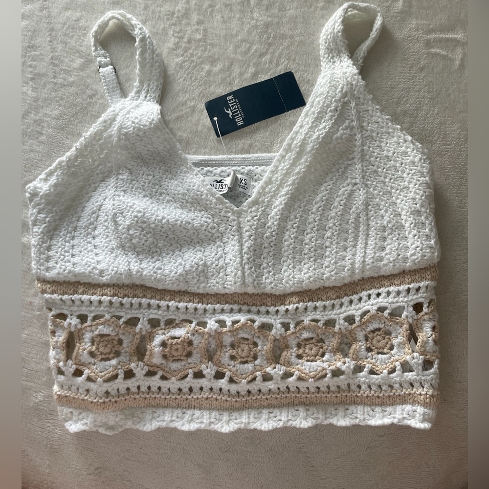 Hollister White Tan Cropped Embellished Tank Top